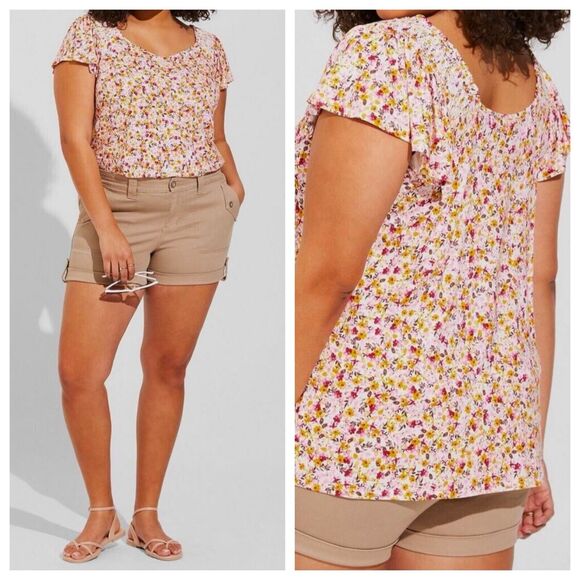 Torrid Top Women Size 1X Super Soft Smocked Flutter Sleeve Floral Cottagecore - Picture 2 of 13